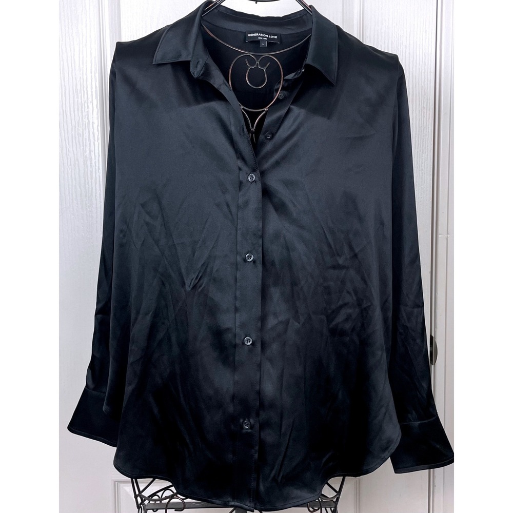 Generation Love NY Black Satin Silk Button Down Shirt Blouse Large Capsule Sheen